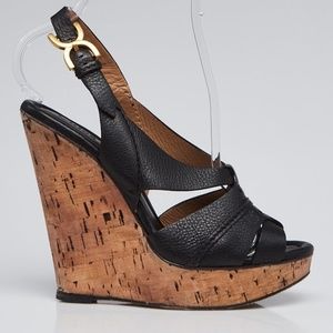 CHLOE Black Leather "RENNA" Cork Wedge Sandals